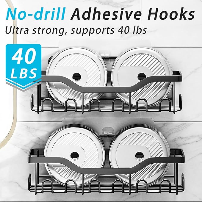 Adhesive Shower Caddy, 5-Pack Rustproof Stainless Steel Bathroom Organizer with 28 Hooks, No-Drill Large Capacity Shower Shelves for Bathroom Storage & Home Décor, Black