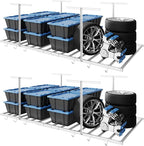 FLEXIMOUNTS 4x8 Overhead Garage Storage Rack with 6 Hooks, Adjustable Storage Organization System, Heavy-Duty Metal Ceiling Racks, 22.6" -39.4" Ceiling Dropdown, 2 Pack, White, Lite Series