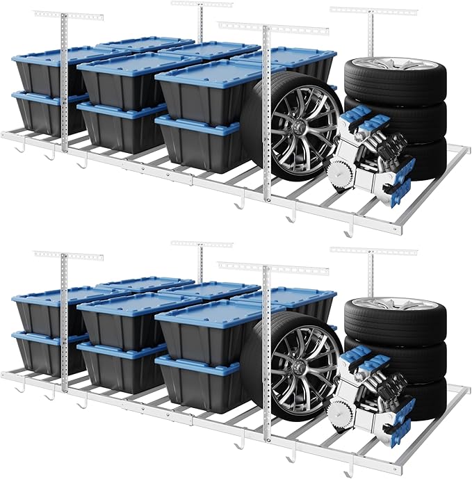 FLEXIMOUNTS 4x8 Overhead Garage Storage Rack with 6 Hooks, Adjustable Storage Organization System, Heavy-Duty Metal Ceiling Racks, 22.6" -39.4" Ceiling Dropdown, 2 Pack, White, Lite Series