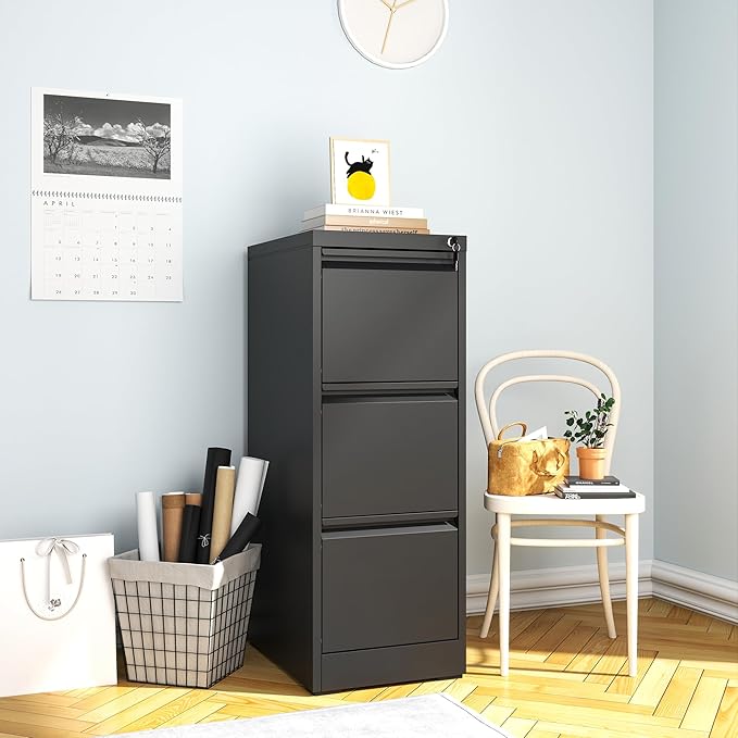 File Cabinet 3 Drawer with Lock, Vertical Filing Cabinets for Home Office, Metal Steel Storage Cabinet for Letter/Legal Size File, Assembly Required(Black)