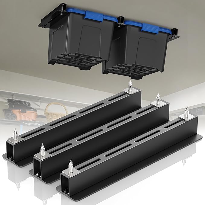 Overhead Garage Storage Rack, Garage Ceiling Storage Racks, Heavy Duty Storage Bin Ceiling Rails for 27 Gallon Totes，Tote Storage Rack System -Black (3 Sets for 2 Bins)