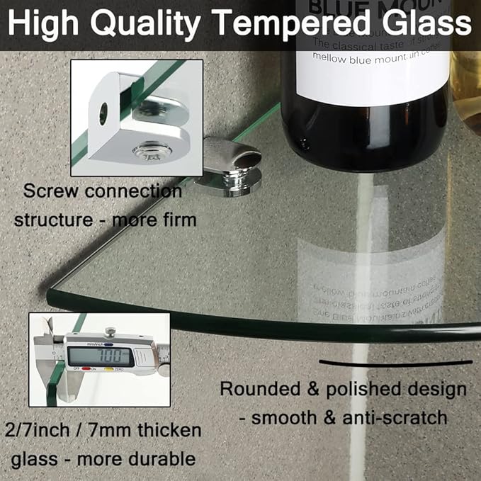 SAYAYO Glass Corner Shelf for Wall, 10 X 10 Inch Chrome Tempered Floating Glass Shelves for Bathroom 1 Pack, Clear