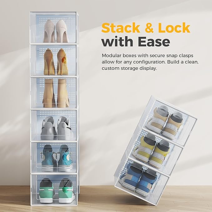 NEWBULIG 15 Pack Clear Shoe Storage Boxes, Shoe Organizer for Closet with Lid, Plastic Stackable Breathable Shoe Cabinet with Lid for Sneakers, Heels & Boots, White