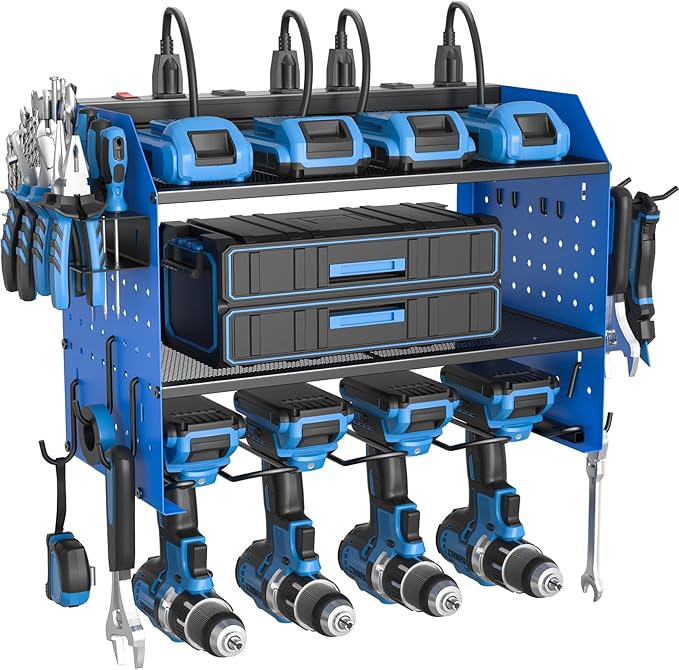 Power Tool Organizer with Charging Station, Heavy Duty 4 Layer Drill Holder Wall Mount Garage Shelf Rack with 6 Outlet Power Strip, Tool Shelf with Hooks, Drill Bit Rack for Garage, Blue