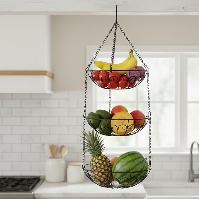 Dicunoy 3-Tier Hanging Fruit Basket, Heavy Duty Wire Baskets for Kitchen, Rustic Hanging Veggie Rack, Metal Fruit Holder with Hook Storage for Potatoes, Onions, Oranges, Bananas, Limes, Lemons
