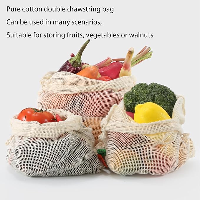 2pcs Reusable Cotton Mesh Produce Bags - Drawstring Closure for Fruits & Vegetables - Eco - Friendly & Durable(2 pcs mesh bag)