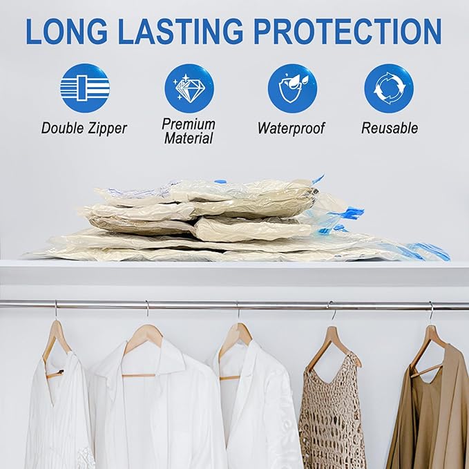 Vacuum Storage Bags with Hand Pump, Plastic Packaging Bags, 80% Space Saver Vacuum Seal Bags for Clothing, Travel Lugggage, Blankets, Comforters, 10 Medium