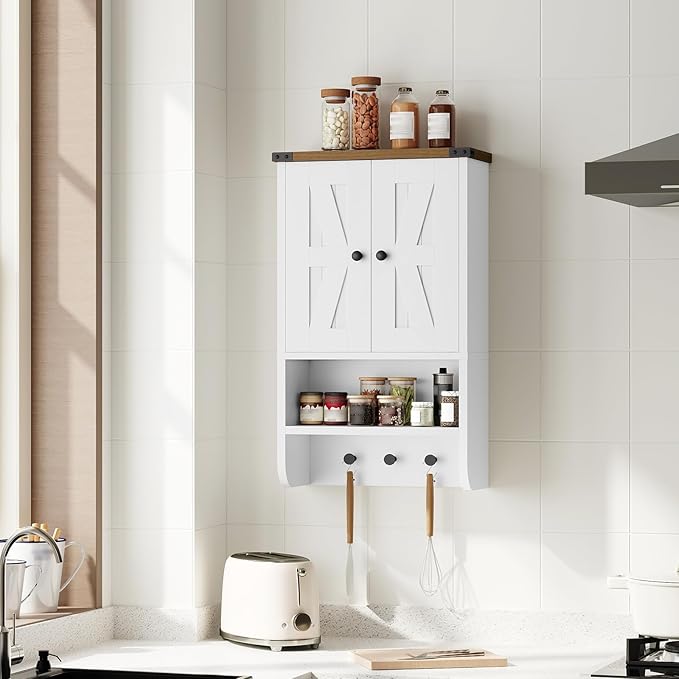 Bathroom Wall Cabinet, Farmhouse Medicine Cabinet with Adjustable Shelf, 3-Tier Wall-Mounted Storage Cabinet with 3 Hooks and Open Shelf, for Bathroom, Living Room, Kitchen, White and Walnut