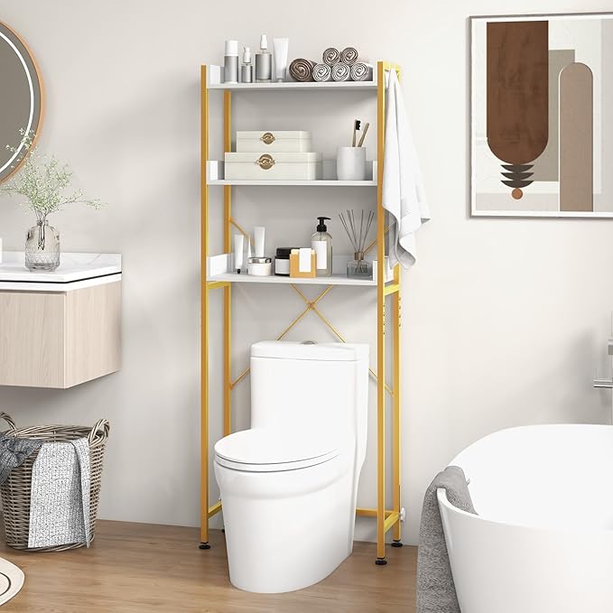 Giantex Over The Toilet Storage Shelf, 3-Tier Freestanding Space Saver Above Toilet with 4 Hooks, Adjustable Bottom Bar, Over Toilet Bathroom Organizer for Restroom, Laundry, Easy Assembly