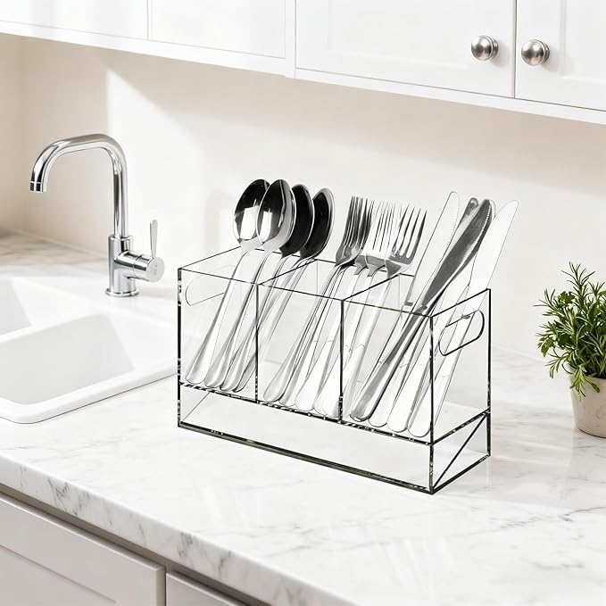 Utensil Holder, 3 Compartments Utensil Drying Rack with Automatic Drain Tray for Kitchen Counter, Transparent Acrylic Organizer for Silverware Cutlery Spoons, Forks, Knifes, Chopsticks (Clear)