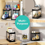 Under Sink Organizers 2 Pack, Pull-Out Sliding Cabinet Organizer with 2-Tier Storage Shelf & 4 Hooks, Multi-Purpose for Kitchen & Bathroom (13 Inch, Black)