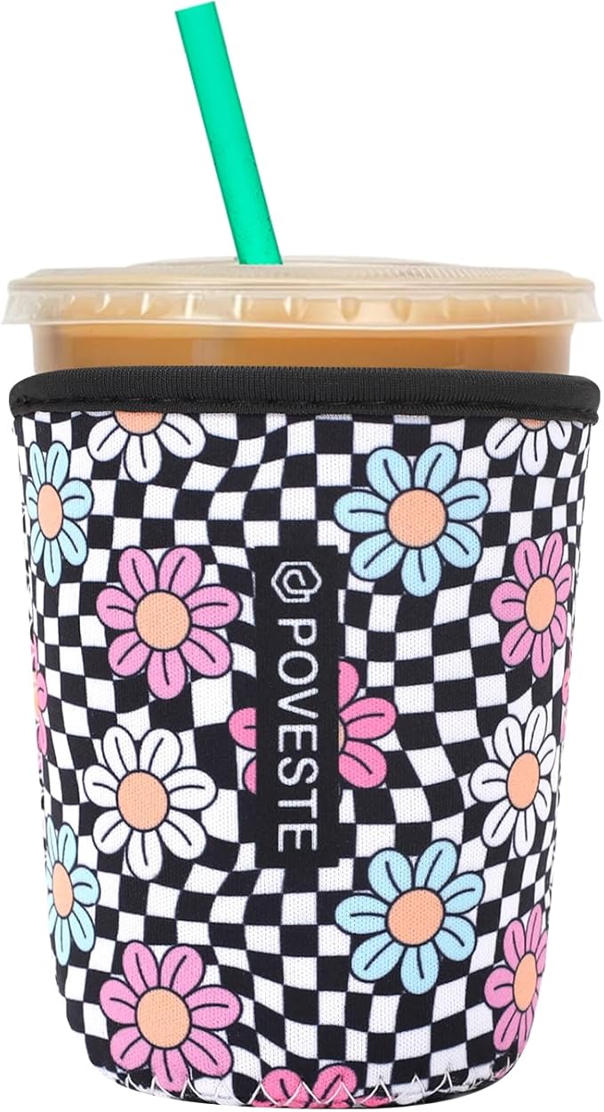 Reusable Neoprene Insulator Sleeve for Iced Coffee & Cold Soda, Coffee Sleeves for Iced & Hot Drinks, Cold Beverage Cooler Compatible with Starbucks, Dunkin (Checkerboard&Daisy, Small: 16-18oz)