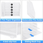 OPNICE Desk Organizer, 5-Tier Paper Organizer Letter Tray with Magazine Holder, Office Desk Accessories & Workspace Organizers, Desktop File Organizer for Office Supplies Storage, White