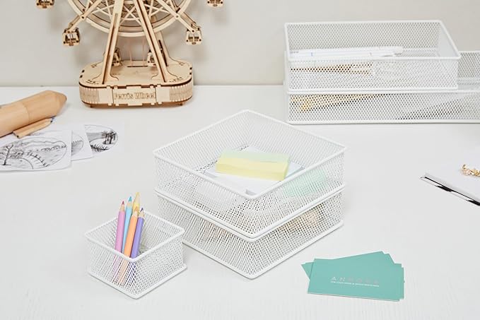 Annova Stackable Mesh Drawer Cabinet and Shelf Organizer Bins Storage Basket School Office Supply Holder Tray- Set of 2 (White, 3x3x2 Inch)