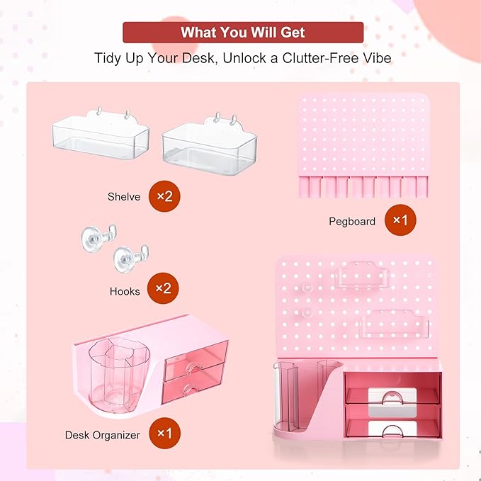 Comix Desk Organizer with 2 Drawer, Multifunctional Pen Holder for Desk, Desktop Organizer with Pegboard + Drawer + 5 Slots Pencil Holder for Office Home Art Supplies (Pink)