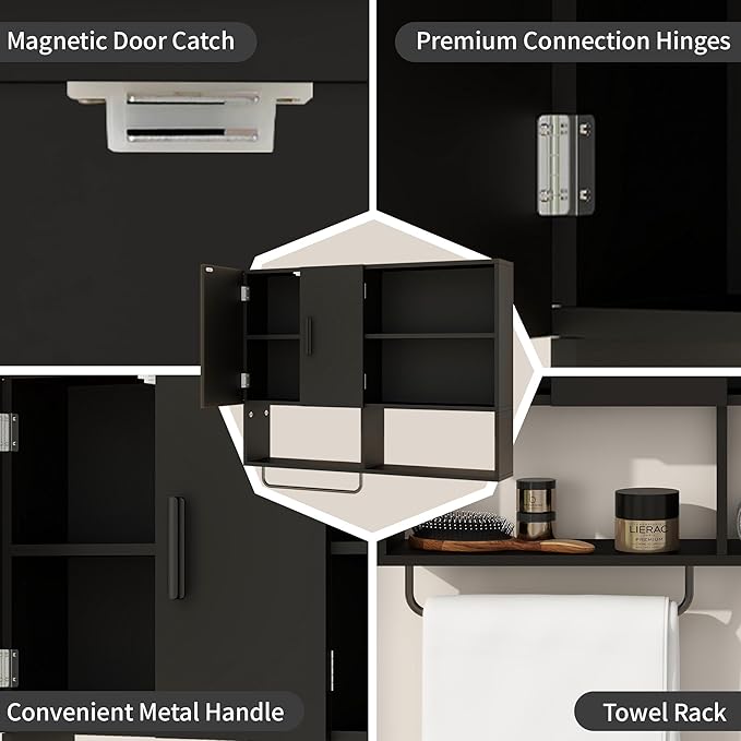 Medicine Cabinet, Wooden Bathroom Wall Cabinet with 2 Doors, Adjustable Shelves & Towel Bar, Over Toilet Storage Cabinet Wall Mounted for Kitchen & Laundry, Black