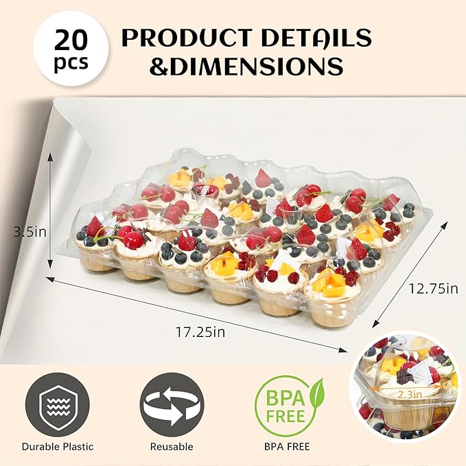 24 Count x 20 Sets Plastic Cupcake Containers, Durable and BPA-Free Cupcake Holder with Lid for Easy Transport Storage, Stackable Clear Cupcake Carriers, Reusable Dessert Boxes