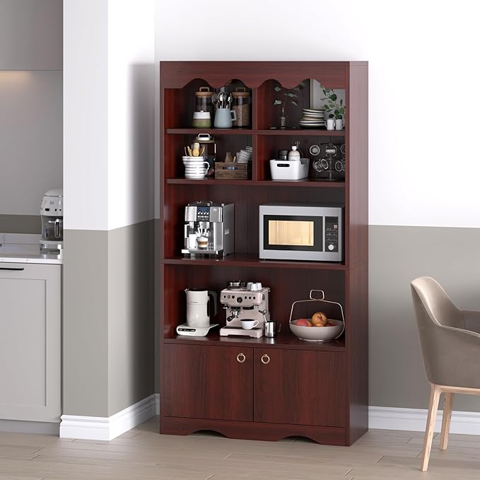 CABIHOME 63" Tall Bookshelf with Cabinet, 5-Tier Wood Bookcase with Wave Top, 6 Cubes & 2 Door Cabinets, Modern Display Storage Shelves with Gold Handles for Living Room, Bedroom & Home Office, Walnut
