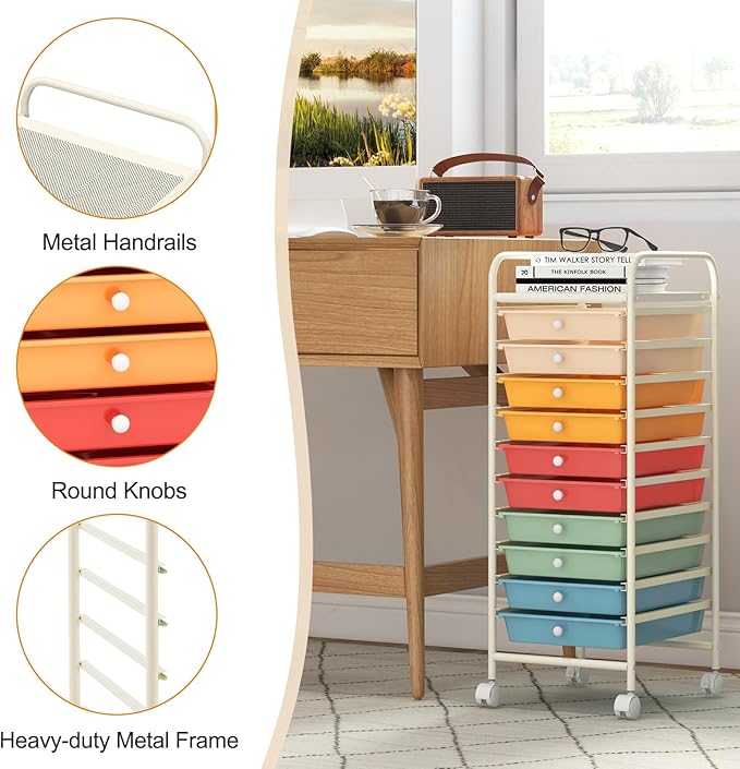 GOFLAME 10-Drawer Rolling Storage Drawer Cart, Utility Cart with Removable Drawers & Metal Frame, Mobile Art Craft Drawer Cart with Lockable Wheels for Home, Office, Studio, School, Macaron Color