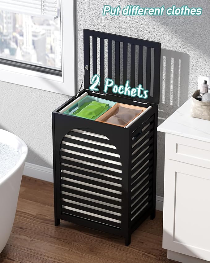 Laundry Hamper, 22.5 Gallon (85L) Bamboo Wood Clothes Laundry Basket with Lid and Handles, Removable Liner (Black, Large)