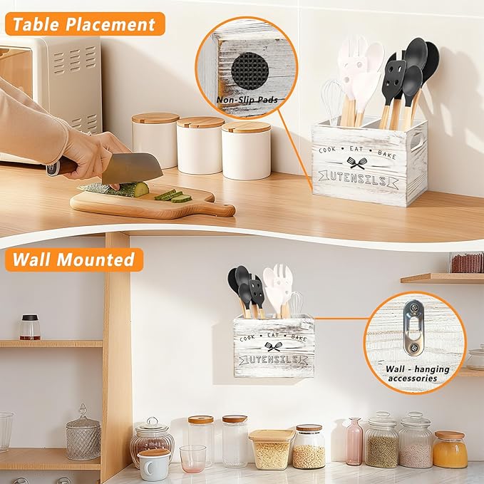 Retro White Wood Kitchen Utensil Holder - Small, Durable & Ideal for Kitchen Counter Decor （Retro White 2 Compartment）