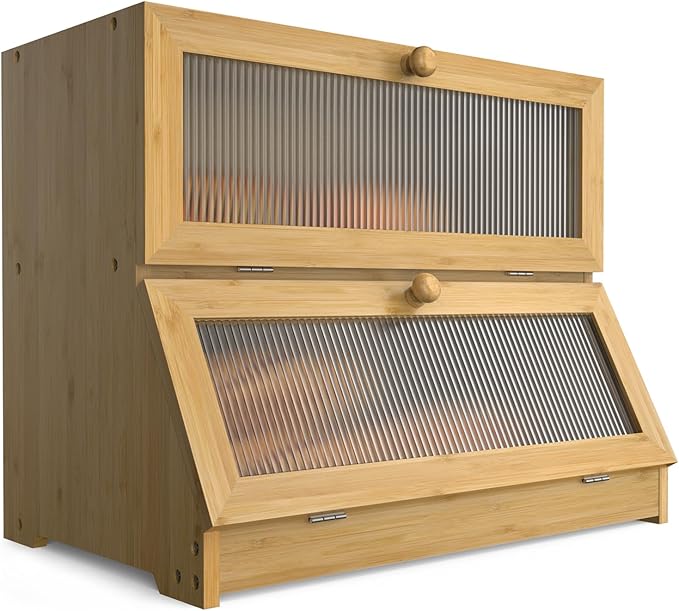 Bamboo Bread Box for Kitchen Countertop, Double Layer Large Bread Storage Container for Homemade Bread with Window & Lid, Bread Keeper Holder,Wood Color