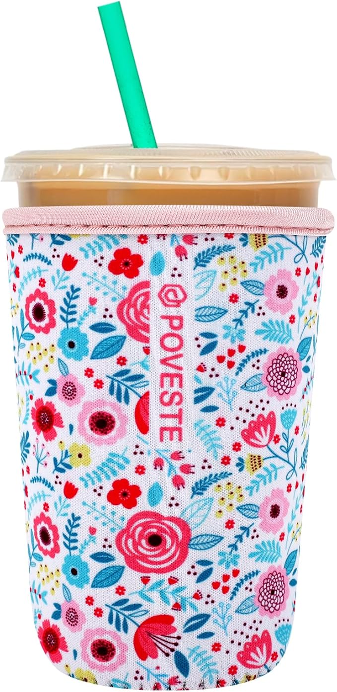 Reusable Neoprene Insulator Sleeve for Iced Coffee & Cold Soda, Coffee Sleeves for Iced & Hot Drinks, Cold Beverage Cooler Compatible with Starbucks, Dunkin (White Flower Garden, Medium: 22-24oz)