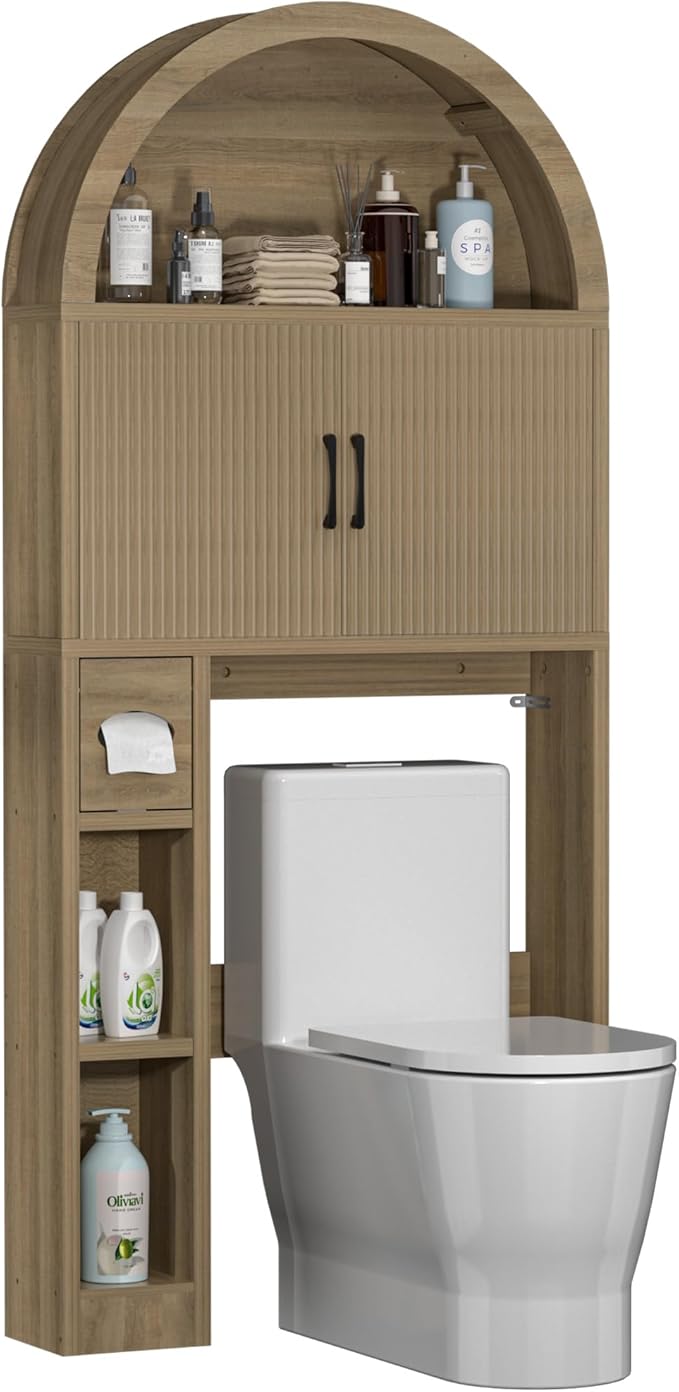 Over The Toilet Storage Cabinet, Bathroom Organizer Over Toilet, Arched Storage Organizer Cabinet with Anti-Tip Device and Adjustable Shelf for Washroom Laundry and Restroom, Natural
