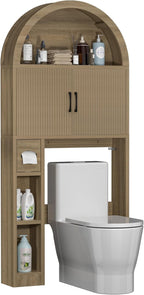Over The Toilet Storage Cabinet, Bathroom Organizer Over Toilet, Arched Storage Organizer Cabinet with Anti-Tip Device and Adjustable Shelf for Washroom Laundry and Restroom, Natural