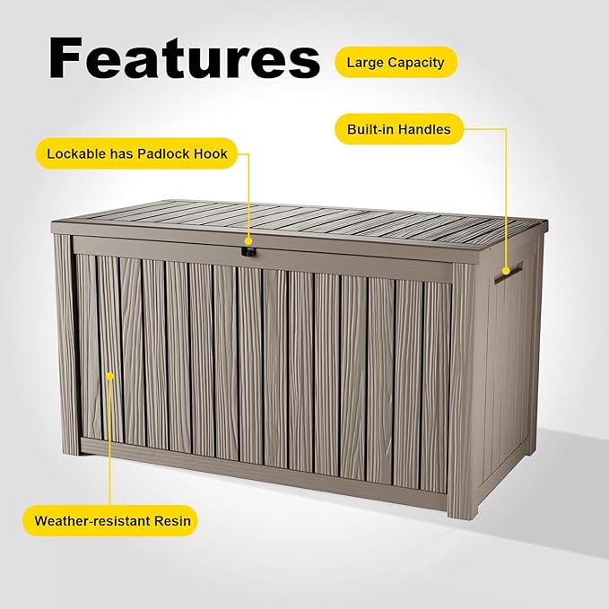 200 Gallon Deck Box Outdoor, Waterproof Outdoor Storage Boxes with Lids, Outside Resin Lockable Storage Box for Patio Cushions, Garden Tools(Grey)