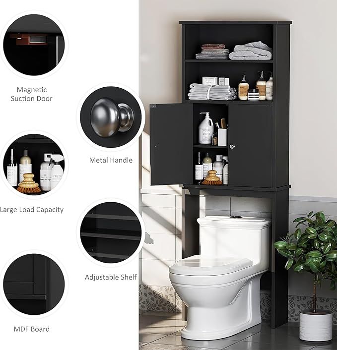 Meilocar Over The Toilet Storage Cabinet for Bathroom, Storage Organizer Over Toilet, Space Saver W/Adjustable Shelf & Open Shelves, 75in, Black