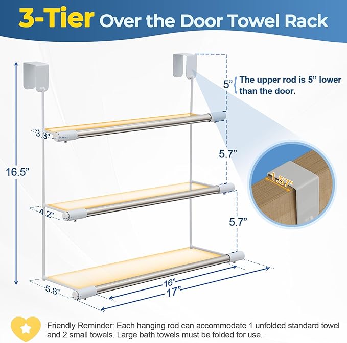 Over The Door Towel Rack, 3-Tier Space Saver for Bathroom & Bedroom, No Drill Hanging Holder for Towels, Robes, Clothes, Perfect for Apartments, Dorms, Renters