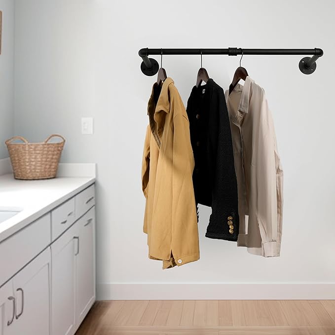 WEBI Clothing Rack Wall Mount,32" Industrial Pipe Clothes Rack for Hanging Clothes,Heavy Duty Iron Garment Rack Bar,Retail Display Clothes Rod for Closet,Laundry Room,Black