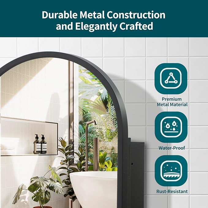 Movo Arched Black Medicine Cabinet with Mirror,16 x30 Inch Metal Framed Bathroom Mirror Medicine Cabinet Wall Mounted,Recessed Medicine Cabinets for Bathroom with 2 Removable Shelves