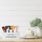 Kitchen Utensil Holder with Drainage Bottom, Extra Large 4 Compartments Solid Real Wood Utensil Organizer for Kitchen Counter, Farmhouse Cooking Tools Storage for Countertop, White