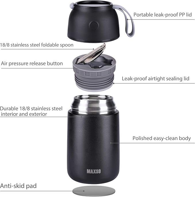 MAXSO 2 Pack Soup Thermo for Hot & Cold Food for Kids Adults, Vacuum Insulated Food Jar Thermal Lunch Containers, Travel Food Flask with Spoon (24 oz,17 oz) (Black)