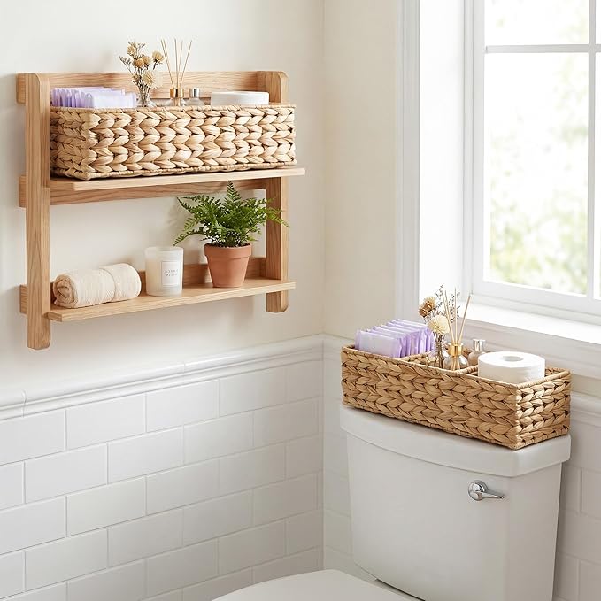 StorageWorks Toilet Paper Basket for Back of Toliet, Toilet Tank Basket with 3 Large Compartments, Water Hyacinth Toilet Paper Storage Baskets, 16½"x 5½"x 5½", 2-Pack