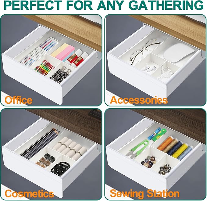 Under Desk Table Drawer Storage Organizer, Slide Out Drawer with 4 Compartments Divider,Pencil Storage Self-Adhesive Tray Under Table (M/White+White)