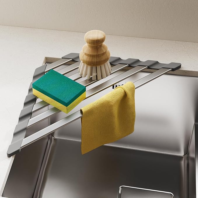 Corner Sink Drying Rack, 16"x9.5" Rust-Proof Aluminum Triangular Dish Drainer, Heat Resistant Roll Up Mat for Kitchen Counter, Sponge Holder & Organizer with Non-Slip Silicone Base, Gray