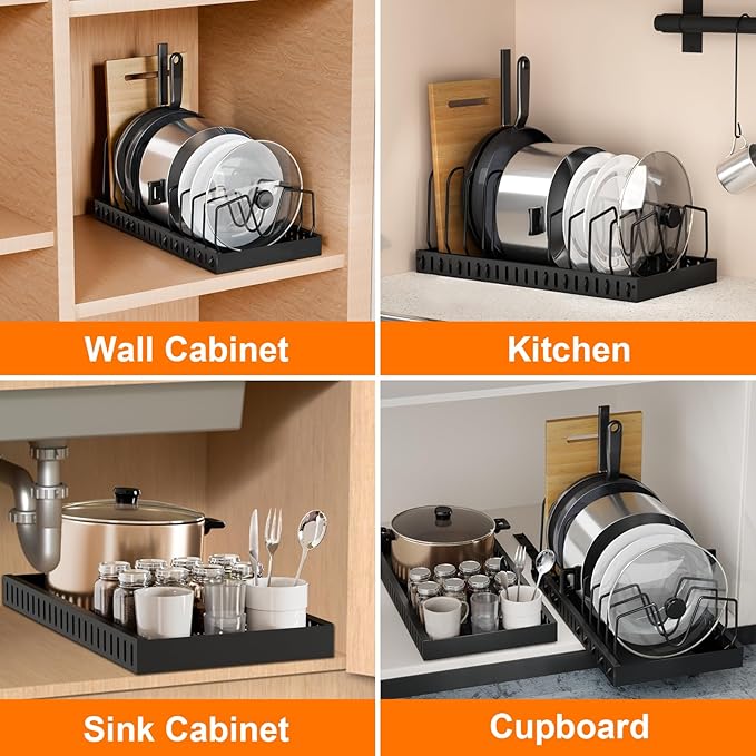 Pots and Pans Organizer for under Cabinet Pull Out Cabinet Organizer Sliding Pot and Pan Organizer in Kitchen, Cabinet Pull Out Shelves, for Pots, Lids and Pan Organizer with Two Types of Shelves