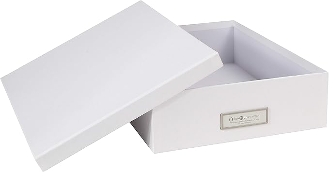 Bigso Oskar Fiberboard Label Frame Document Letter Box - File Organizer Box for Important Paperwork - Durable Document Storage with a Lid & Metal Label Window - 3.3 in x 10.2 in x 13.8 in - White