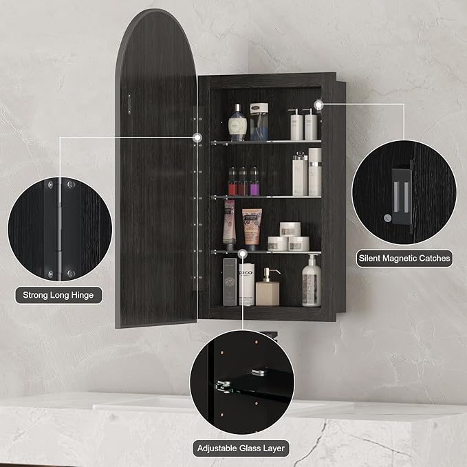 Recessed Medicine Cabinet with Mirror,Black Arched Medicine Cabinet,Arch Bathromm Medicine Cabinet Recessed,Metal Edge Bathroom Mirror with Storage,Surface Mount Mirrored Cabinets 16x31