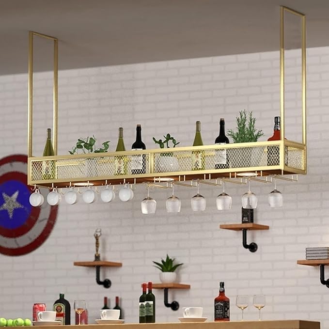 Ceiling Hanging Wine Glass Holder - Ceiling Shelf, Ceiling Wine Rack Display Stand, Hanging Solid Wood Plant Stand, Wall Mounted Iron Art Wine Bottle Holder, LOFT Ceiling Mounted Storage Rack ( Color