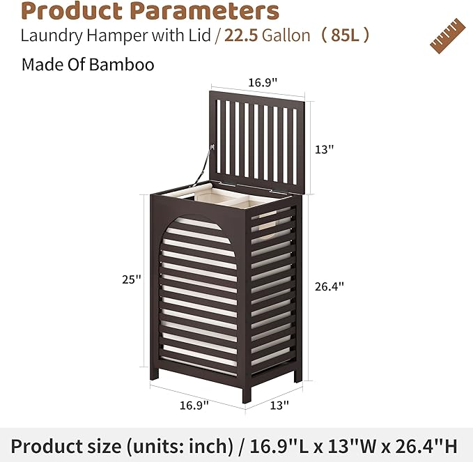 FILWH Laundry Hamper with Lid (16.9 * 13 * 26.5inches) Large Bamboo Laundry Bin Basket 85L Clothes Hamper with 1 Removable Bag Storage baskets for Bathroom(Brown)