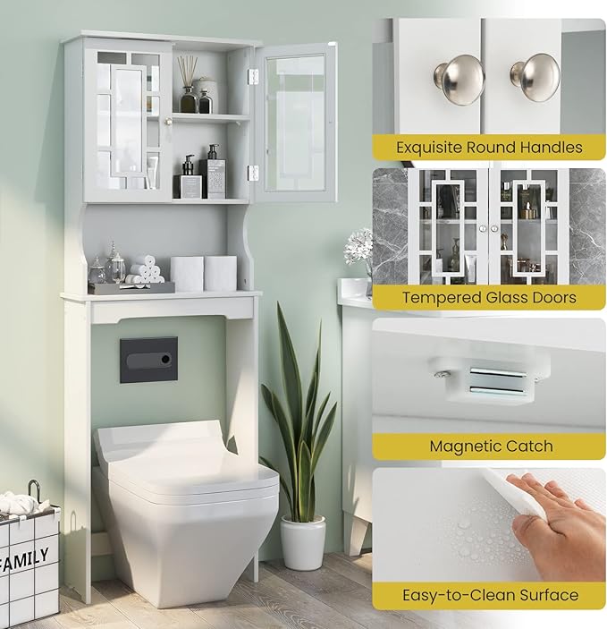 Giantex Over The Toilet Storage Cabinet, Above Toilet Bathroom Organizer with Tempered Glass Doors & Adjustable Shelf, Freestanding Space Saver Rack for Restroom, Laundry