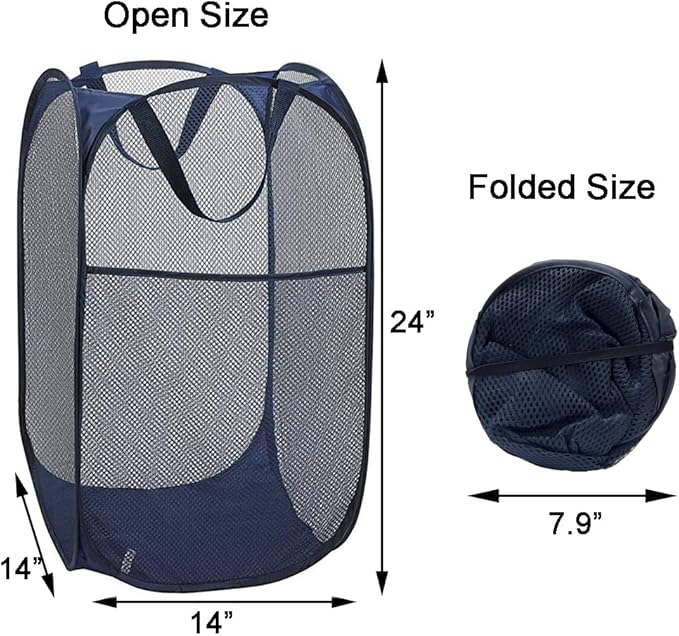 2 Pack Pop Up Laundry Hampers, Collapsible Mesh Laundry Basket, Foldable Clothes Hampers for Bathroom, College Dorm, Travel (Navy Blue)