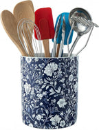 MyGift Ceramic Kitchen Utensil Holder with Blue and White Floral Design – Decorative Crock for Cooking Utensils, Flatware, and Countertop Storage