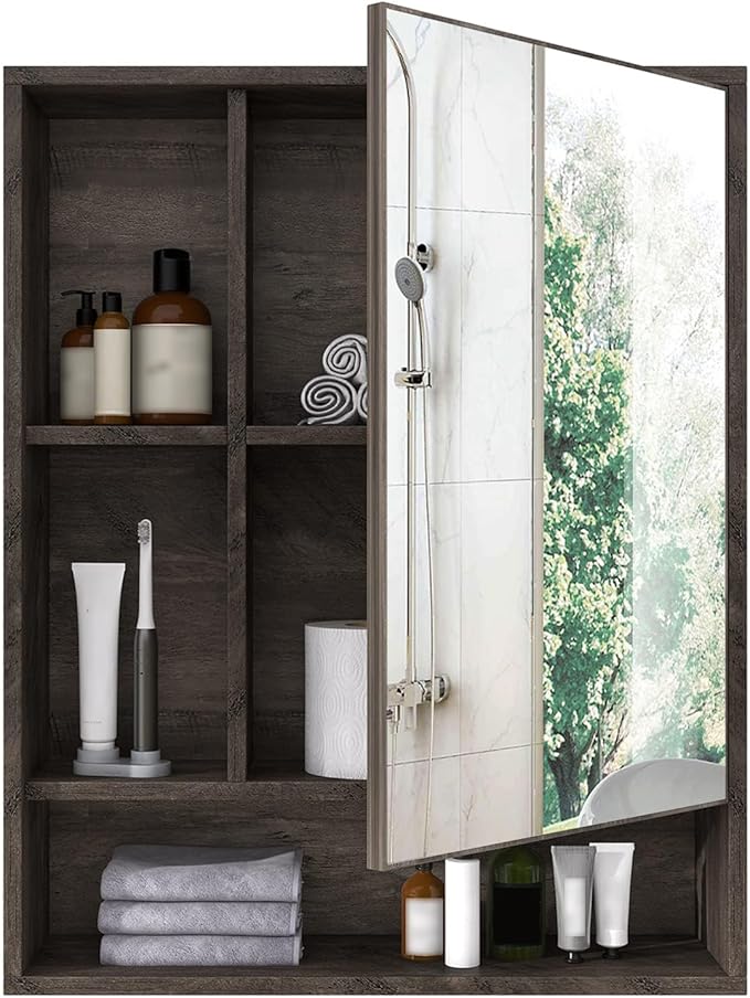 ChooChoo Bathroom Wall Mirror Cabinet, Medicine Cabinet with Single Door and Adjustable Shelf, Over The Toilet Space Saver Storage Cabinet, Grey