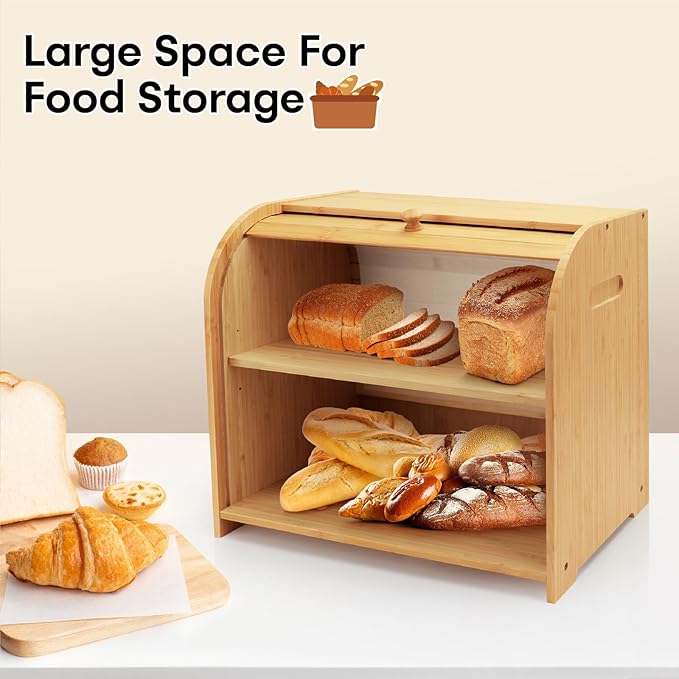 Bread Box for Kitchen Countertop, Double Layer Bamboo Bread Storage Container for Homemade Bread, Roll Top Bread Box with 3 Adjustable Height for Kitchen Counter, Natural Breadbox Organizer