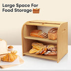 Bread Box for Kitchen Countertop, Double Layer Bamboo Bread Storage Container for Homemade Bread, Roll Top Bread Box with 3 Adjustable Height for Kitchen Counter, Natural Breadbox Organizer